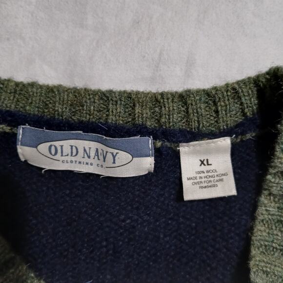 Vintage Old Navy Men's XL !00% Wool Navy with Sage Green  V Neck/Cuffs - Picture 2 of 8